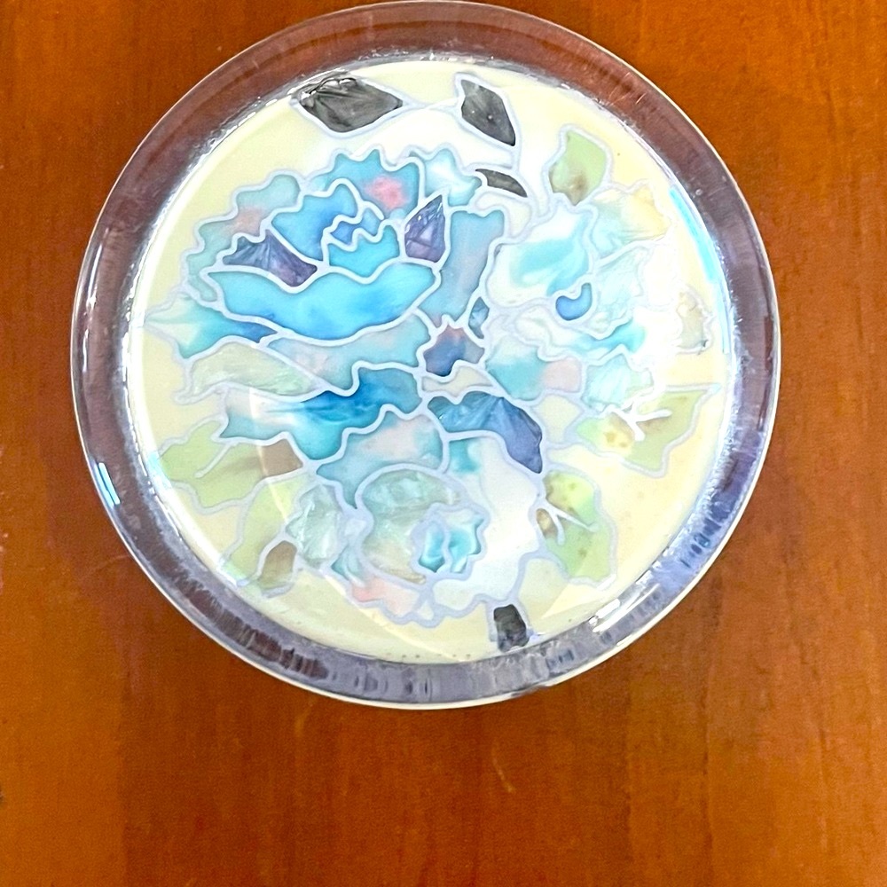 Joan Baker hand painted Glass Paperweight with Floral Design